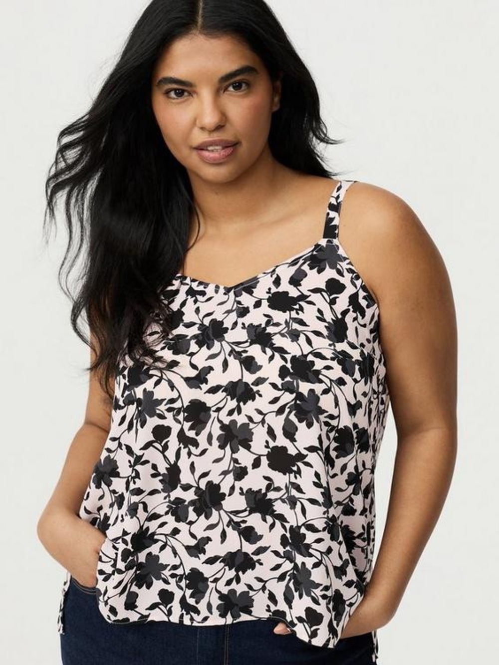 Torrid Floral Print Spaghetti -Light Pink & Black Sophie Georgette Swing Cami